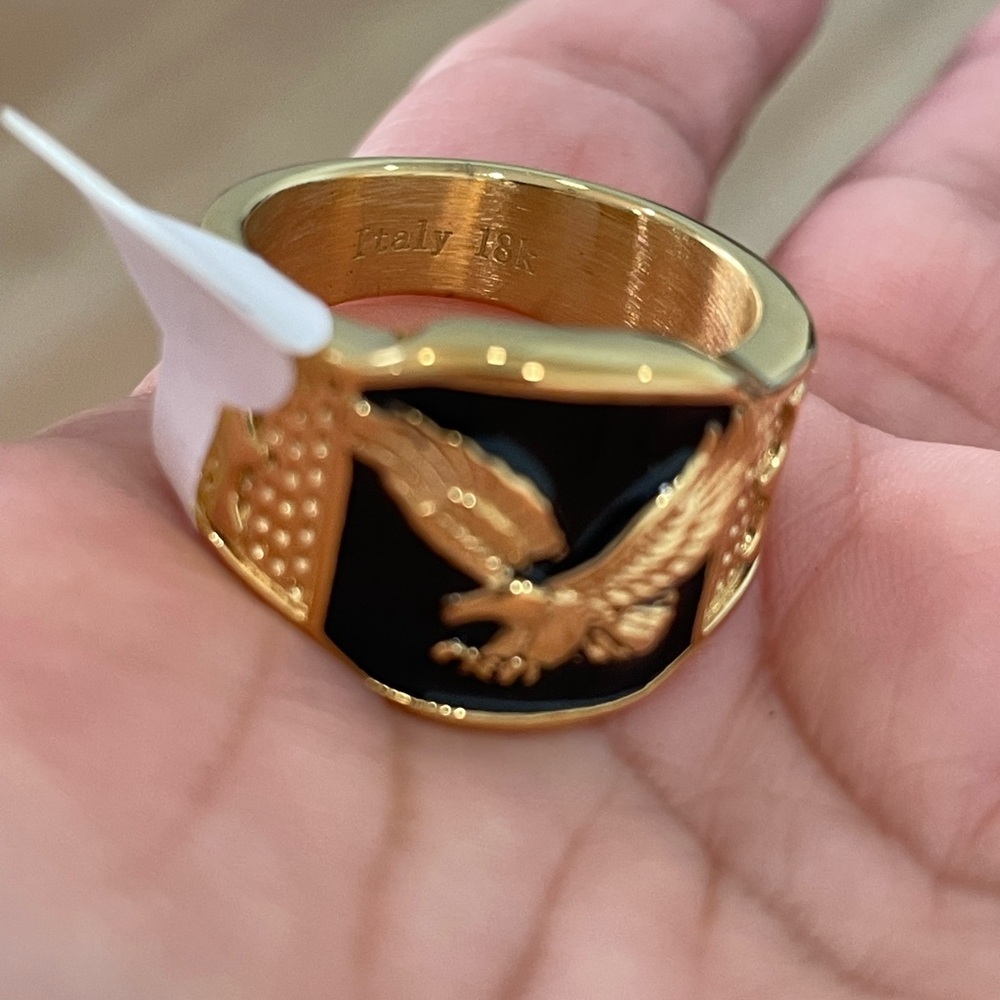 Statement Engraved Italy 18k Gold filled Eagle Ring Black Enamel